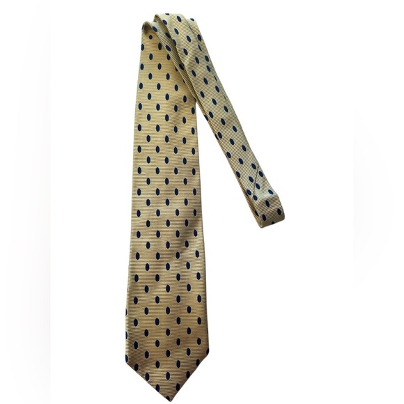 Men's LANDS END Silk Tie Necktie Light Yellow Small Blue Dots. Made In USA 59" - Picture 1 of 6
